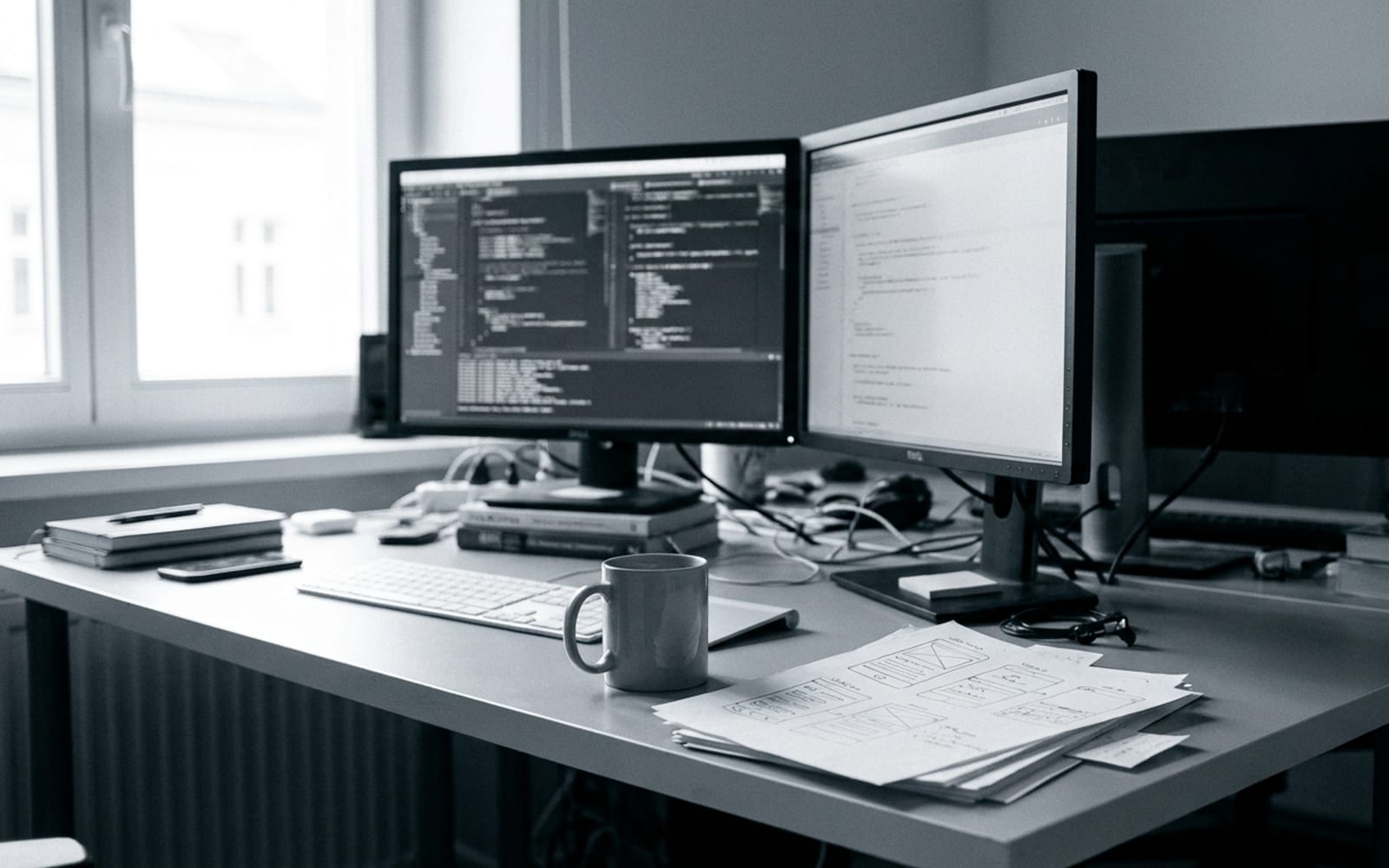 Una postazione di lavoro con due monitor accesi, una tazza e fogli con schizzi di schermate, illuminata dalla finestra.