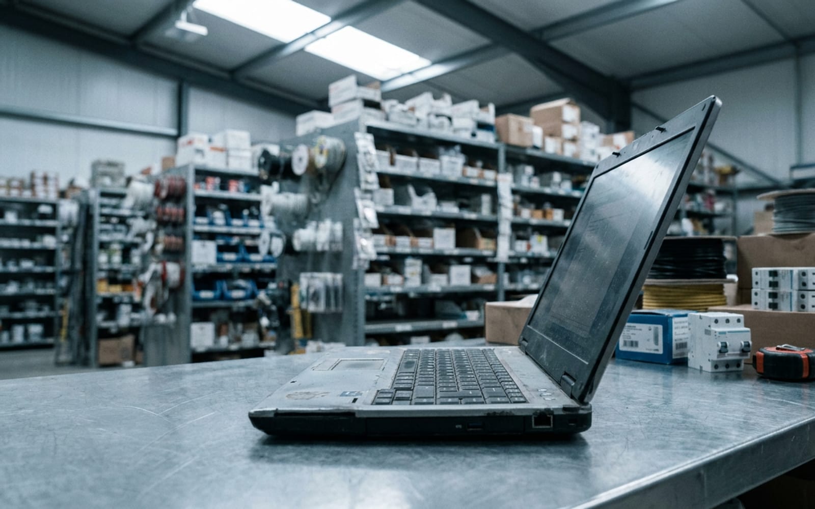 Un computer portatile aperto sul bancone di un magazzino di materiale elettrico, davanti alle scaffalature dei componenti.
