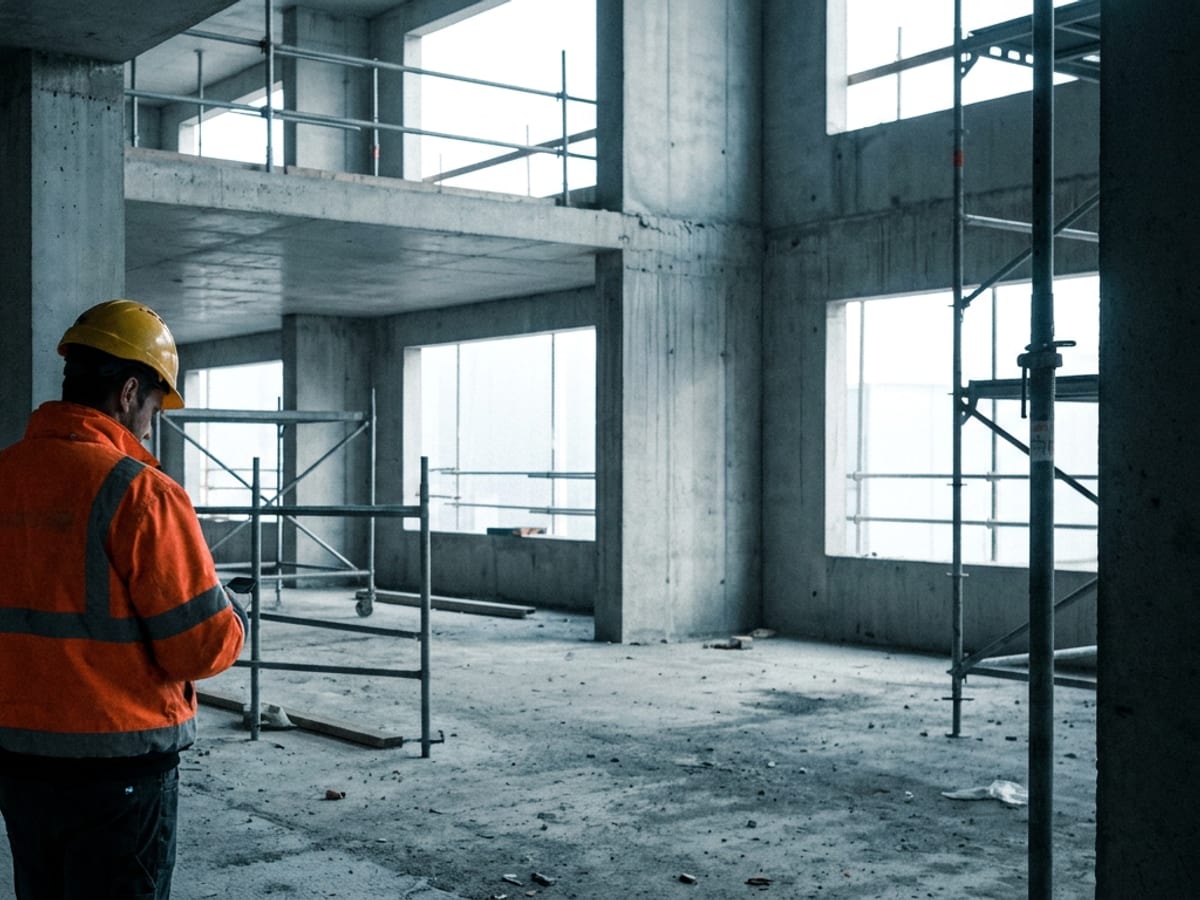 Un operaio con casco e giubbotto ad alta visibilità, di spalle dentro un edificio al grezzo, mentre consulta il telefono.