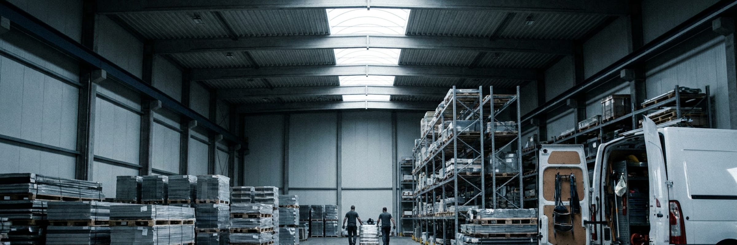 L'interno di un capannone di un'impresa di impianti: bancali di materiale, scaffalature e un furgone da lavoro con i portelloni aperti.
