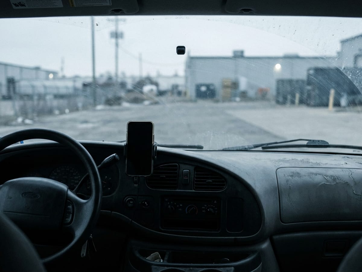 L'interno di un'auto da lavoro parcheggiata, con il telefono fissato al supporto sul cruscotto e la periferia industriale oltre il parabrezza.