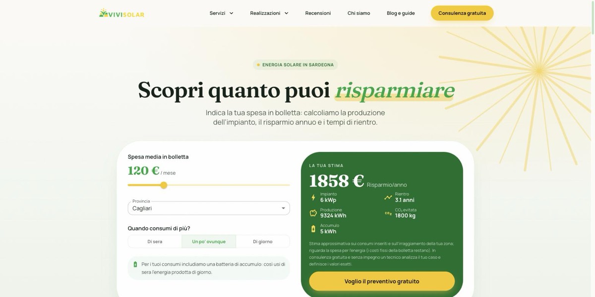 Home di vivisolar.it: il calcolatore che stima risparmio annuo, potenza dell'impianto e tempi di rientro a partire dalla spesa in bolletta.