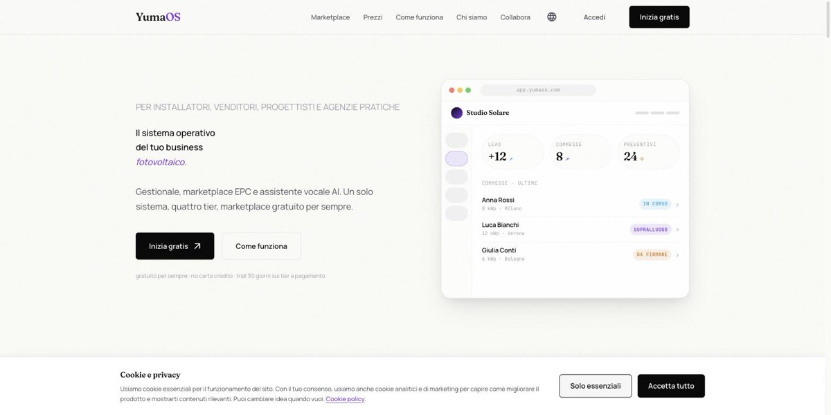 Home di yumaos.com: il titolo «Il sistema operativo del tuo business fotovoltaico» e l'anteprima del gestionale con lead, commesse e preventivi.